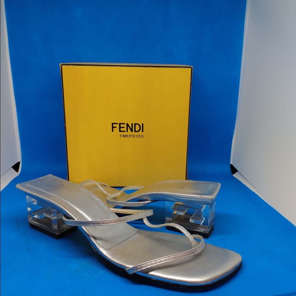 Fendi Silver Strappy Sandal with Clear Block Heel